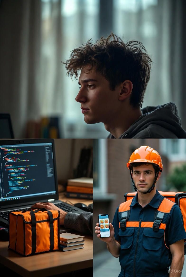 Split composition showing a young developer coding and working as a delivery driver - illustrating the reality gap between career aspirations and economic survival