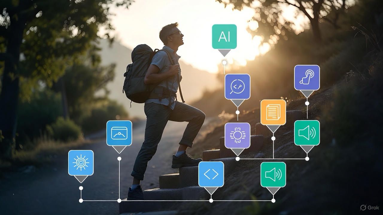 Person climbing steps with AI and tech icons representing tools and growth - symbolizing navigating the new tech landscape with strategic preparation