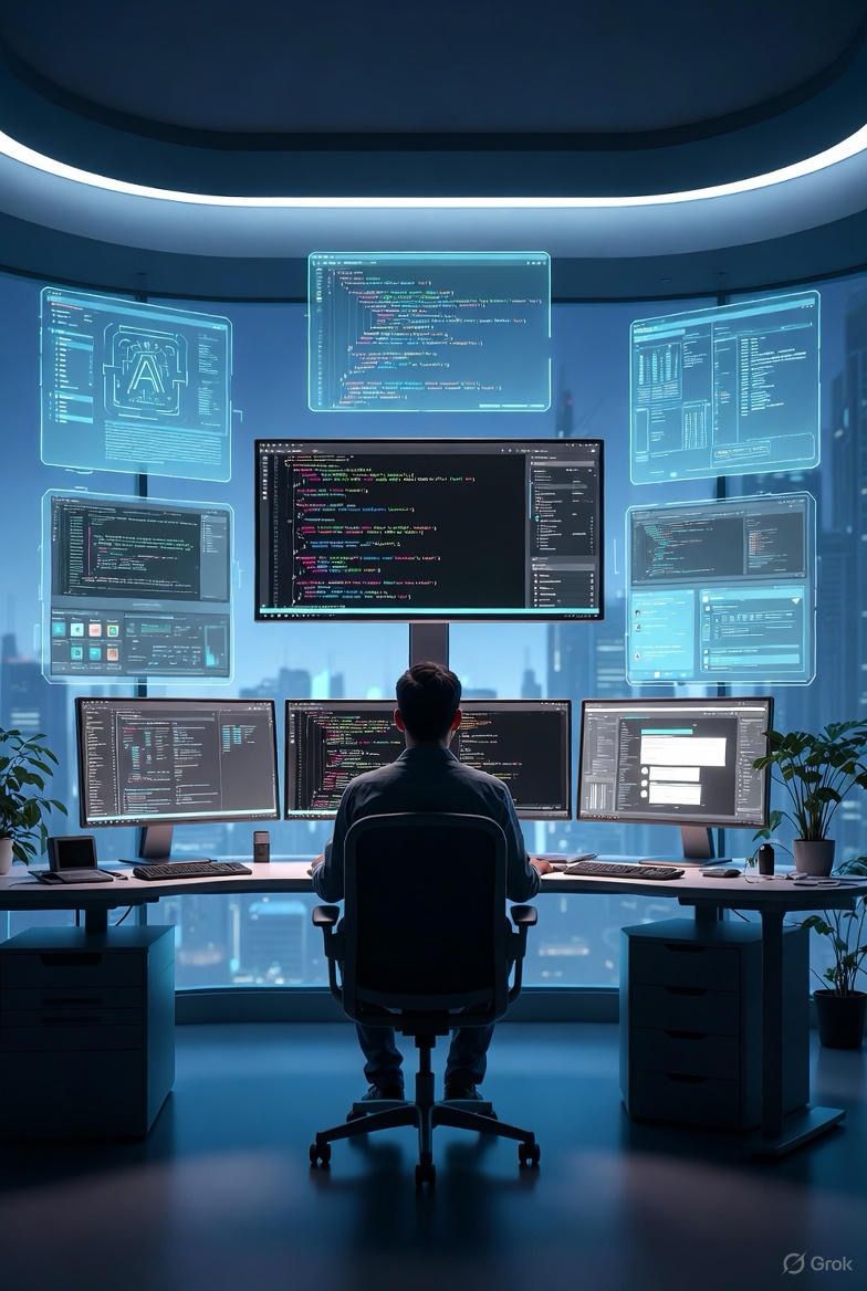Futuristic developer workspace with multiple screens and AI elements - representing the AI-augmented development environment of 2035