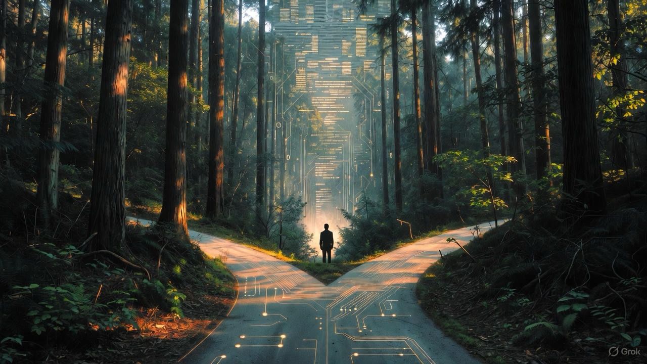 A developer standing at a crossroads with digital code overlay symbolizing career decisions