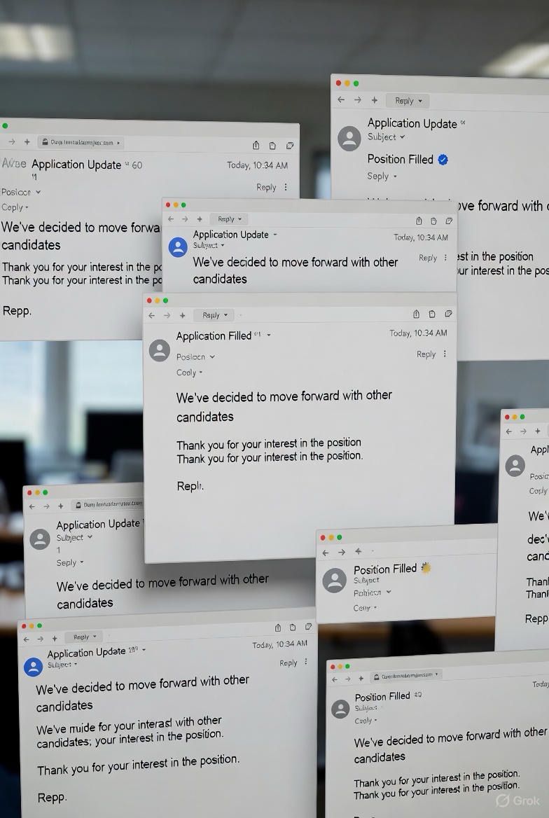 Multiple rejection emails showing the harsh reality of the junior developer job market
