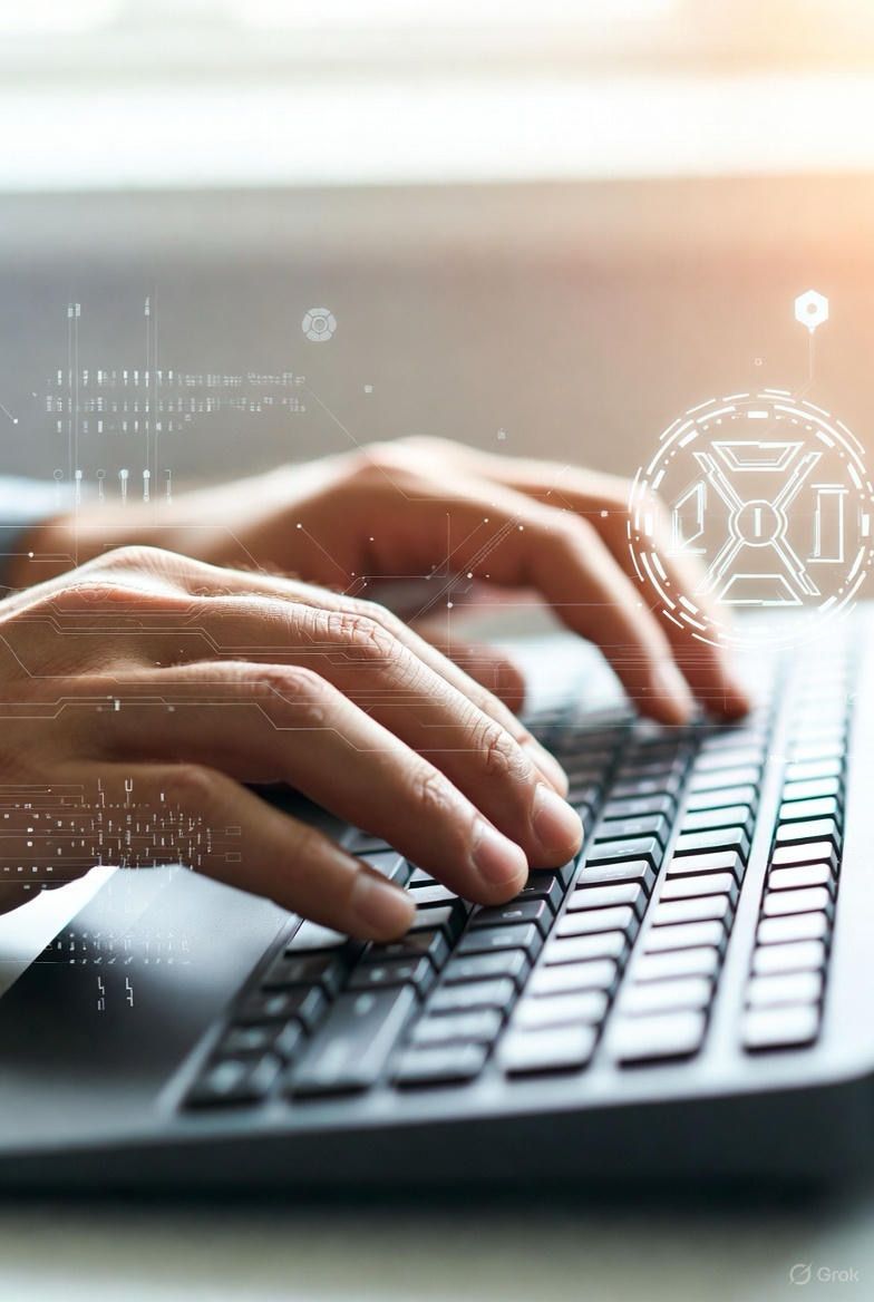 Hands typing on keyboard with AI and digital overlay - representing human-AI collaboration in software development